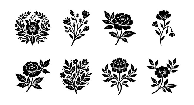 Floral Ornaments Vector Set, Elegant Black Rose Silhouettes, Decorative Botanical Elements