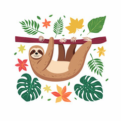 Fototapeta premium Cute Sloth Hanging on a Branch with Tropical Leaves and Flowers