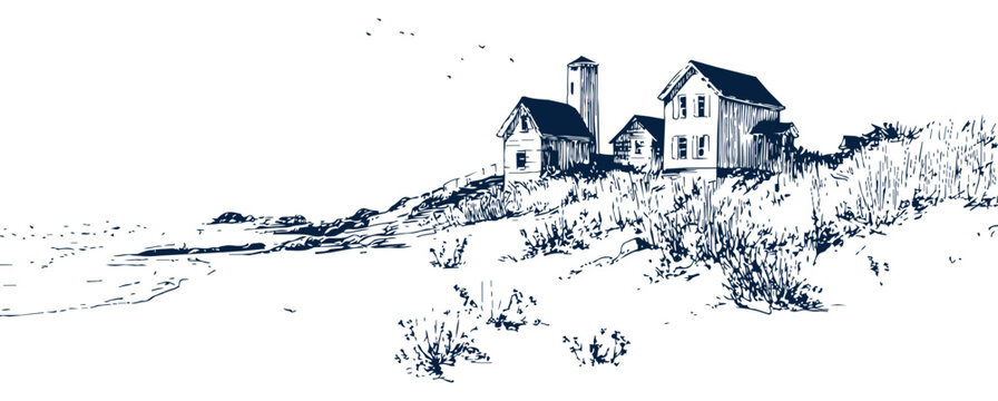 Coastal cottage landscape sketch, beach house illustration, seaside vintage drawing