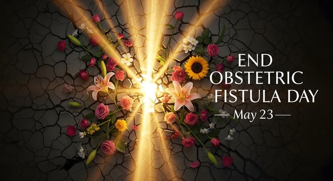 Obstetric fistula awareness campaign floral burst with cracked earth background