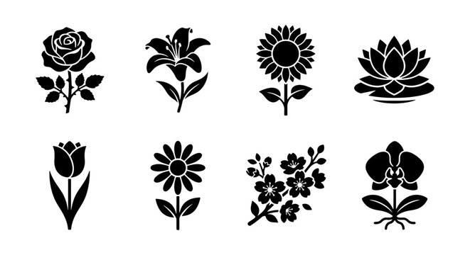 Floral Silhouettes: Rose, Lily, Sunflower, Lotus, Tulip Icons