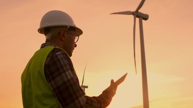 Male engineer specialist in safety helmet and work jacket standing in a wind turbine field. He reviews important renewable energy project information on his tablet during a sunny day outdoors.