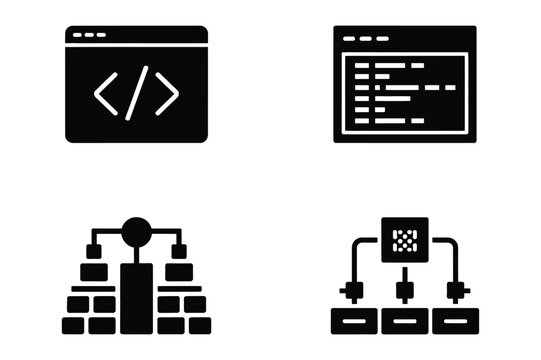 Programming code and network architecture icons set with programming, software