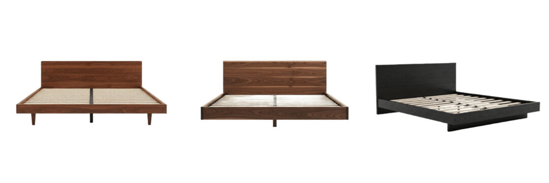 Wooden bed frame furniture template premium PNG stock photo, realistic classic timber double bed master bedroom isolated on white background asset