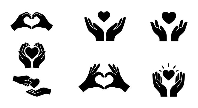 Hands Heart Icons Set, Love Care Symbols Vector Collection