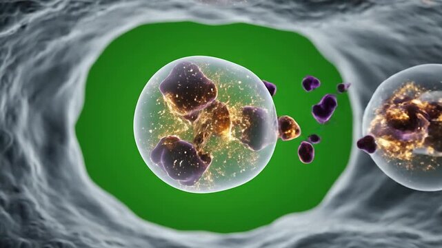 4K CGI Illustrating Detoxification Processes Within Living Cells Against a Vivid Green Background