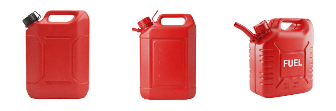 Red plastic fuel canister gas can premium PNG stock photo, realistic emergency petrol gasoline container handle isolated on white background asset