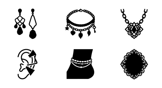 Jewelry Icons Set: Earrings, Necklace, Anklet, Charms, Ear Piercing