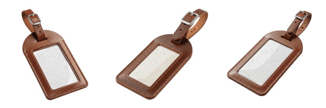 Leather luggage tag premium PNG stock photo, realistic brown leather travel baggage label blank name card identifier isolated on white background asset