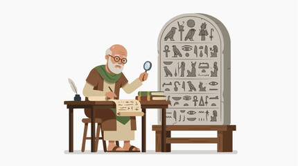 Fototapeta premium Ancient Egyptian scholar studying hieroglyphs on a stone tablet with a magnifying glass