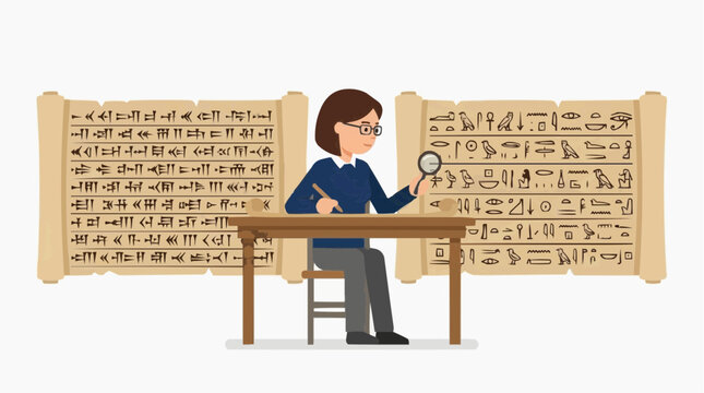 Archaeologist studying ancient Egyptian hieroglyphs with magnifying glass and pen