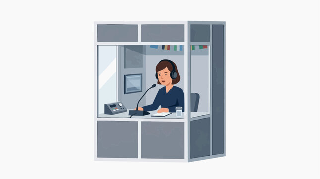Professional interpreter working in a soundproof booth with headphones and microphone