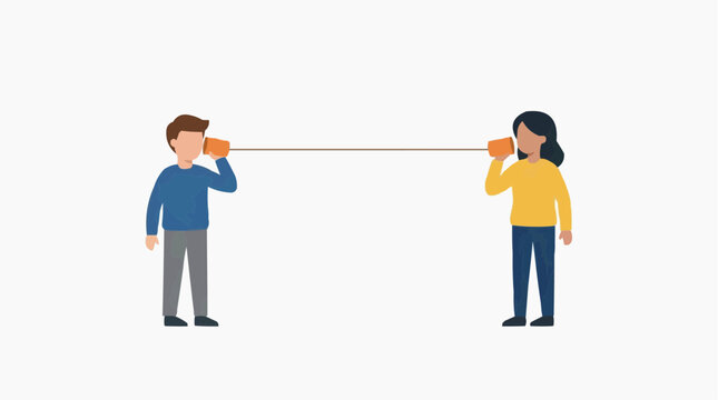 Children communicating with a tin can telephone across a distance