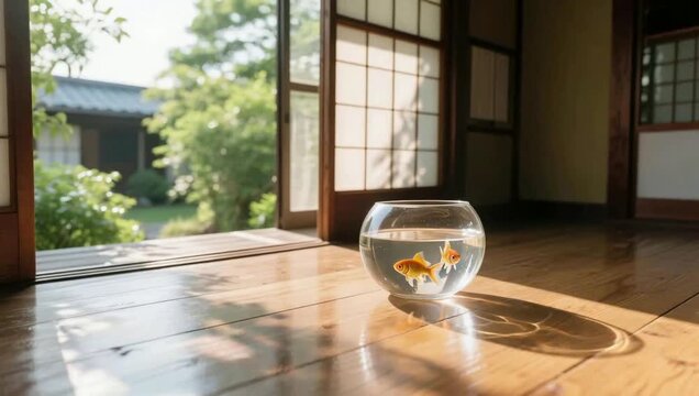 昼下がりの和室の縁側に置かれた金魚鉢と泳ぐ2匹の金魚