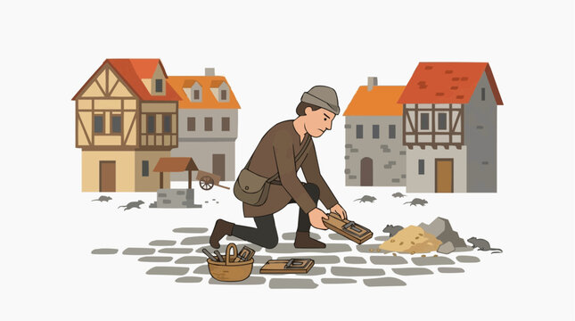 Medieval man setting mouse traps in a village street with many rats