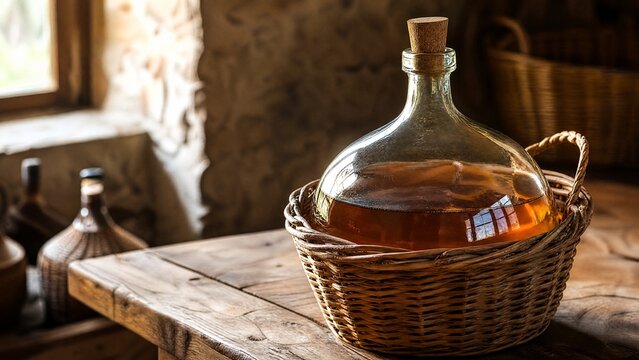demijohn. Glass demijohn with wicker basket containing amber homemade wine on wooden table. bar promotions, beverage menus, designed for product packaging and bar promotions, inspires menu design.