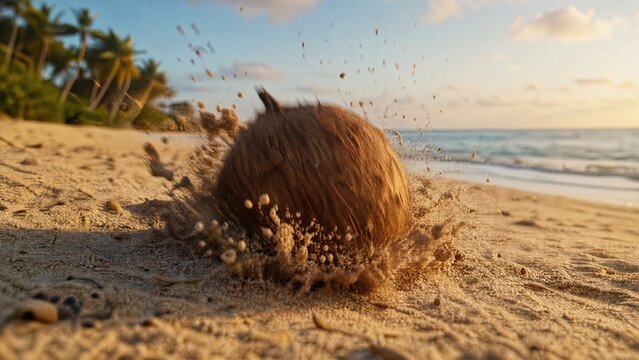 sedition. A ripe coconut falling onto soft sand, motion blur, sand spraying, beach at golden hour. travel magazines, destination branding, designed for outdoor magazines and nature guides.
