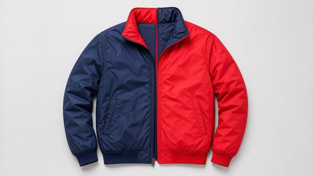 reversible. A reversible jacket lying on a plain surface, one side blue and the other red. lifestyle magazines, social media lookbooks, designed for lifestyle magazines and social media content.