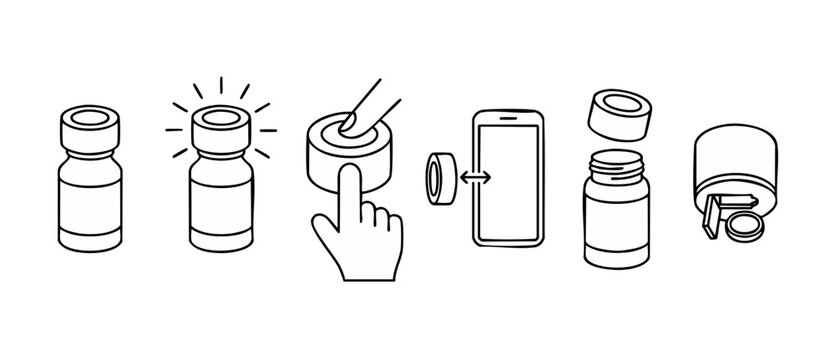 Medical Pill Bottle Instructions Icon Set: Usage Guide for Medication Packaging, Dosage Control and Smart Health Apps, Linear Vector Outline Illustration for Pharma Digital Interface or Instructional