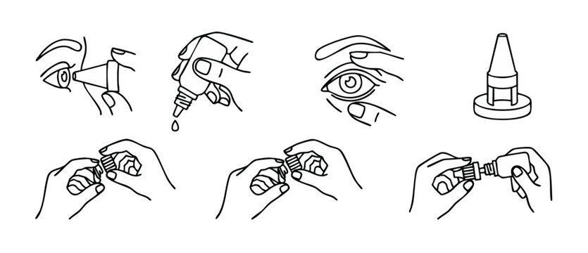 Eye Drop Application Steps Illustration, Medical Procedure Guide for Vision Care and Health Treatment. Set of thin line vector icons showing instructions on how to properly use liquid medicine for dry