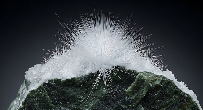Macro Shot of Raw Chrysotile Asbestos Mineral Fibers on Serpentine Rock Hazardous Industrial Material and Carcinogen Used in Construction and Insulation
