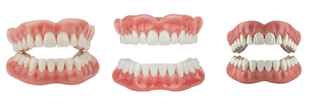 Denture upper lower teeth premium PNG stock photo, realistic prosthetic dental jaw false teeth stomatology isolated on white transparent background asset