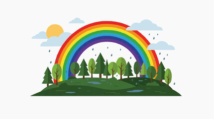 Obraz premium Vibrant rainbow arches over a lush green landscape with trees and rain
