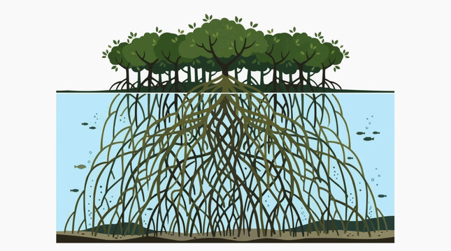 Mangrove Ecosystem Cross Section Showing Roots Underwater and Trees Above with Fish