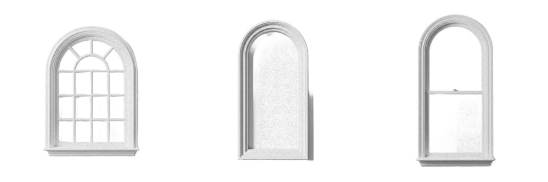 Classic white arched window frames set with realistic glass reflections isolated on white background