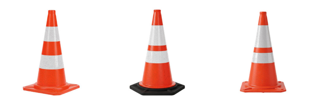 Traffic cone orange and white stripes premium PNG stock photo, realistic plastic construction hazard pylon safety barrier isolated on white background