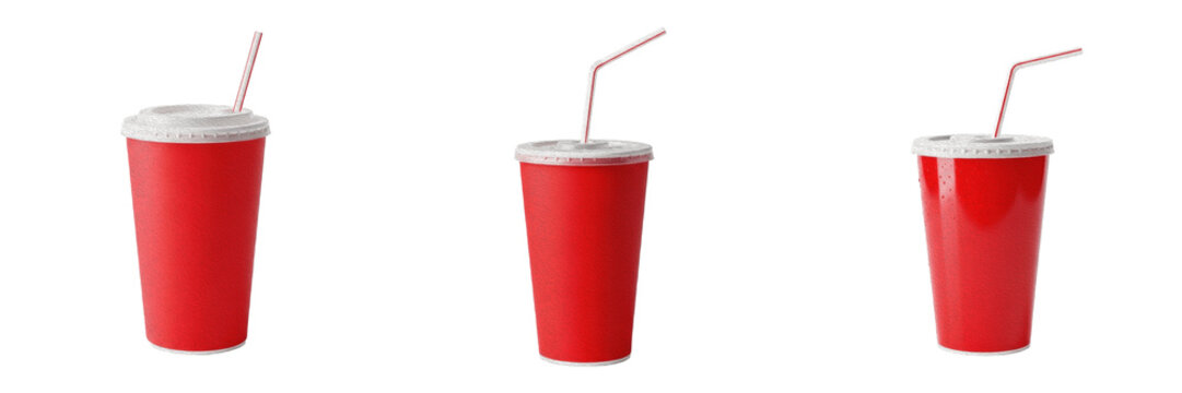 Red paper cup with plastic straw premium PNG stock photo, realistic fast food soda beverage container take away mockup isolated on white background asset