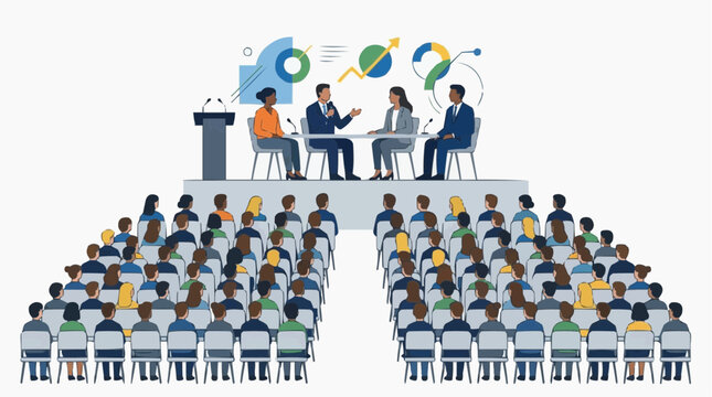 Business conference panel discussion with audience in seats and data charts on wall