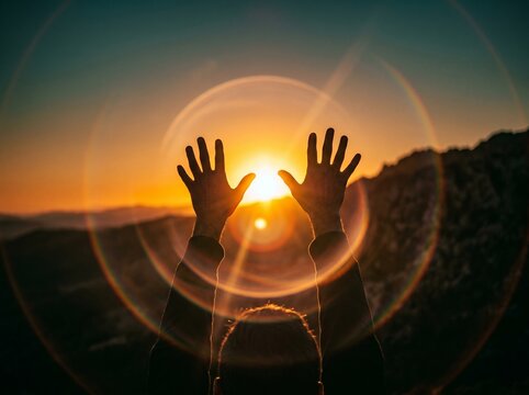 .Woman hands praying for blessing from god on sunset background
