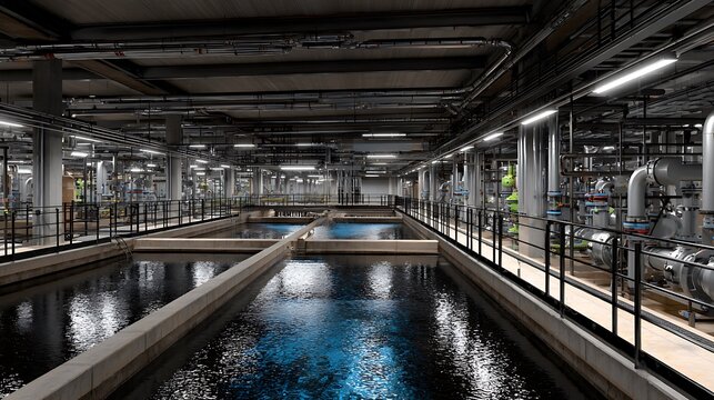 Modern industrial water treatment facility with filtration pools