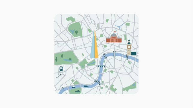 Stylized map of London with landmarks and transport