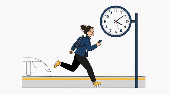 Woman running late for train checking phone on station platform