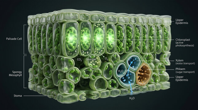 Cross Section of Leaf Cells Showing Chloroplast Activity
