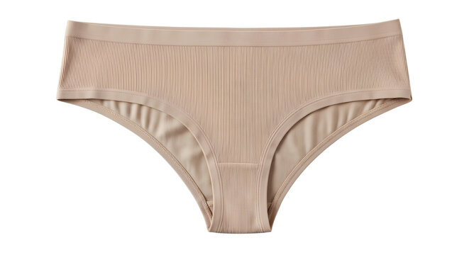 Seamless beige panties for women, comfortable nude ribbed underwear, neutral tan cotton blend lingerie isolated on white background