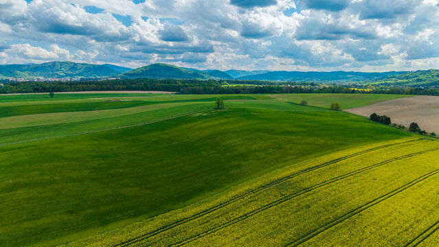 Aerial view of rolling green hills and vibrant yellow rapeseed fields under a cloudy sky with mountains in the background Pribor, Moravian-Silesian Region, Czechia.