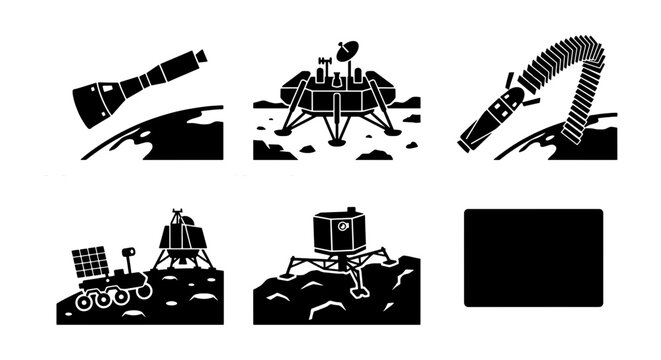 Space Exploration Icons: Lunar Lander, Rover, Spaceship, Flashlight, Ammo Belt