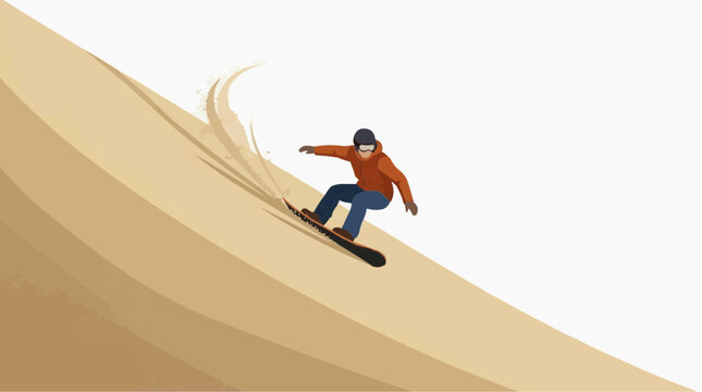 Sandboarding action shot of a person riding down a sand dune with a spray of sand