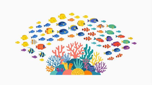 Colorful school of tropical fish swimming around coral reef illustration