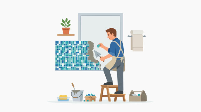 Man tiling a wall with blue and green mosaic tiles using a trowel and tools