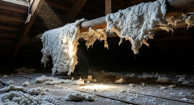 Dangerous asbestos insulation in a dark home attic with airborne dust particles in sunlight showing serious health hazards and the need for professional abatement