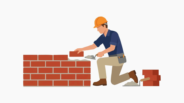 Construction worker laying bricks to build a wall wearing a hard hat and tool belt