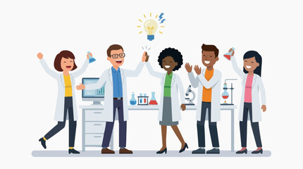 Obraz premium Diverse team of scientists celebrating a successful experiment with a bright idea lightbulb above them