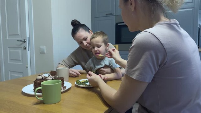 Woman tries to feed child with spoon offering feijoa fruit but boy refuses making funny face.