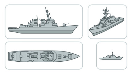 Line drawings of various naval ships from different angles on a white background with a technical illustration style. © Dhiyak Boneto