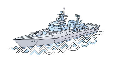 Illustration of a military warship sailing on wavy blue waters with a white background and blue accents. © Dhiyak Boneto