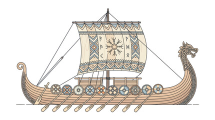 Illustration of a traditional Viking longboat with intricate designs and a dragon head, set against a clean white background in a flat, graphic style with earthy tones. © Dhiyak Boneto